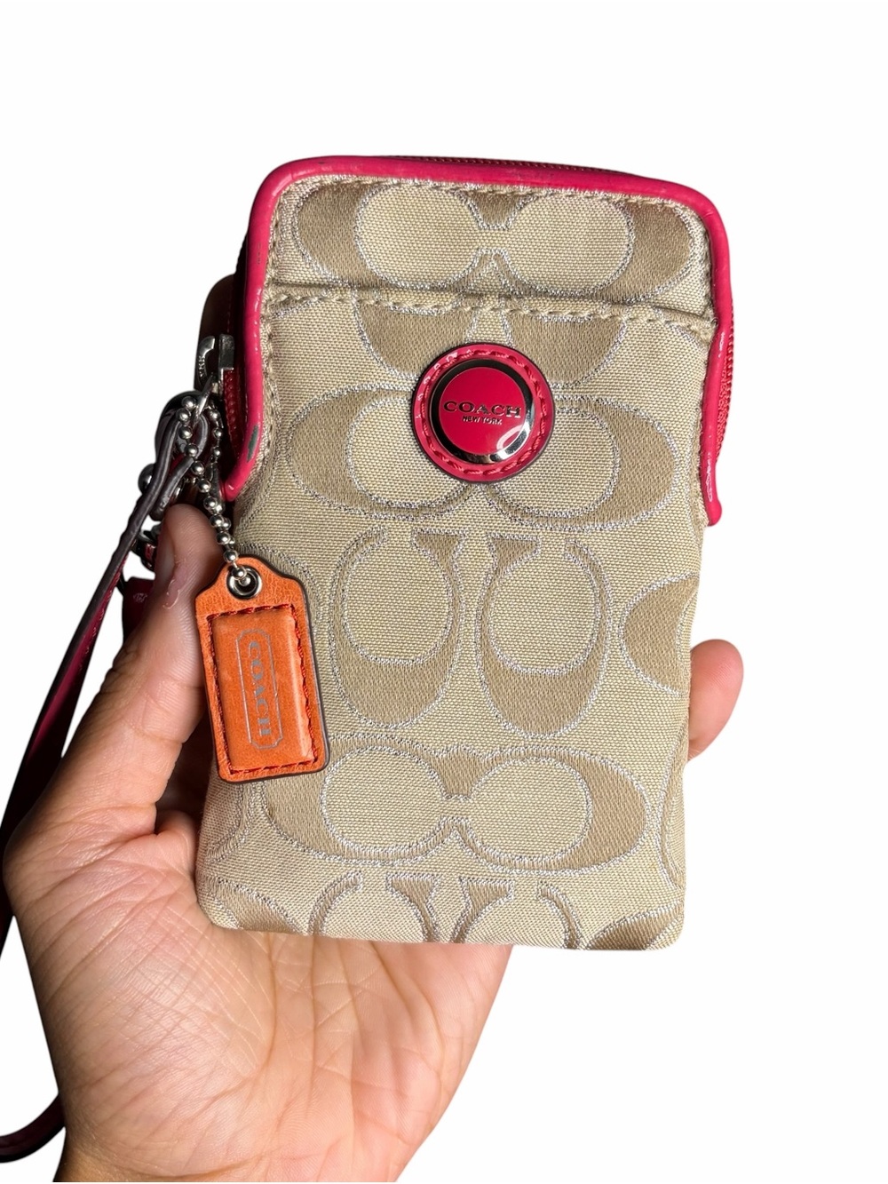 COACH Beige Signature Canvas Slim Digital Case with Pink Trim and Orange Tag